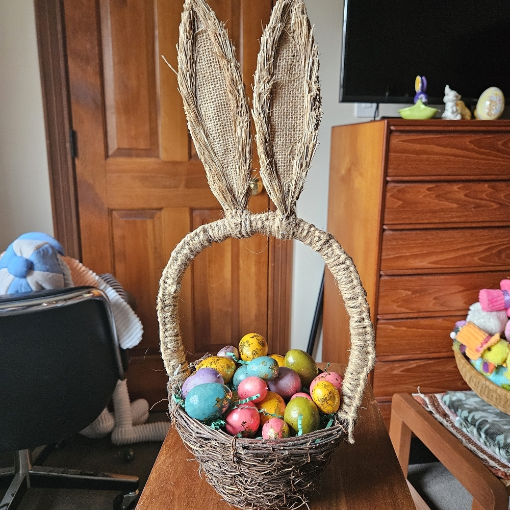 Rustic Bunny Ear Basket with Colorful Eggs